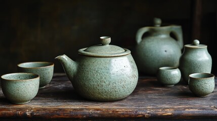 Green Tea Ceremony Set on Rustic Table