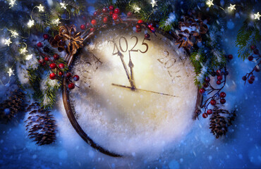 art 2025 New Year countdown clock with magical winter decorations on blue snowy background....