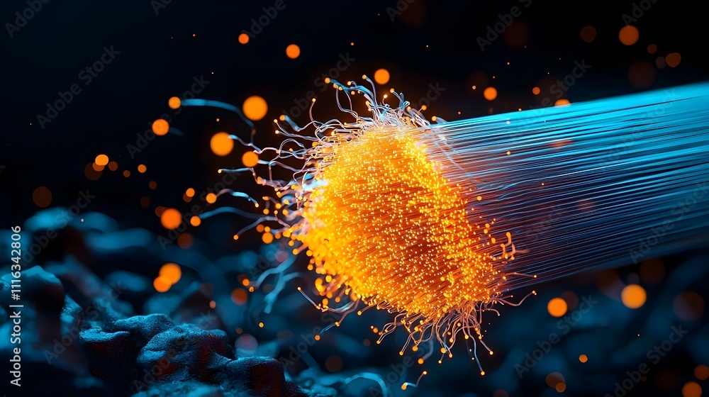 Poster breathtaking close up of shimmering iridescent fiber optic cables forming intricate tangles of glowi