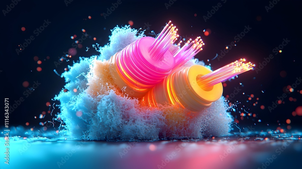 Poster intricate luminous fiber optic cables in a mesmerizing array of hues against a shadowy surface glowi