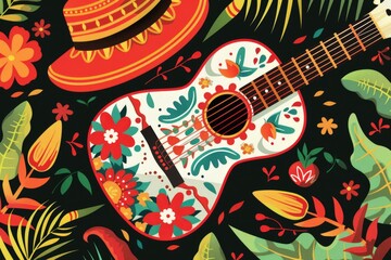 Obraz premium Illustration of guitar with floral and tropical design elements.