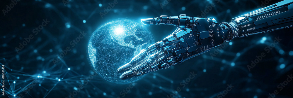 Poster a robotic hand icon holding a glowing globe, surrounded by data streams representing global networks