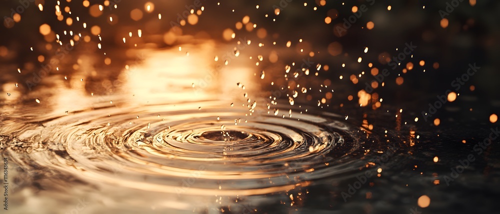 Poster glorious sunset reflections on water with sparkling drops and ripples creating a magical atmosphere 