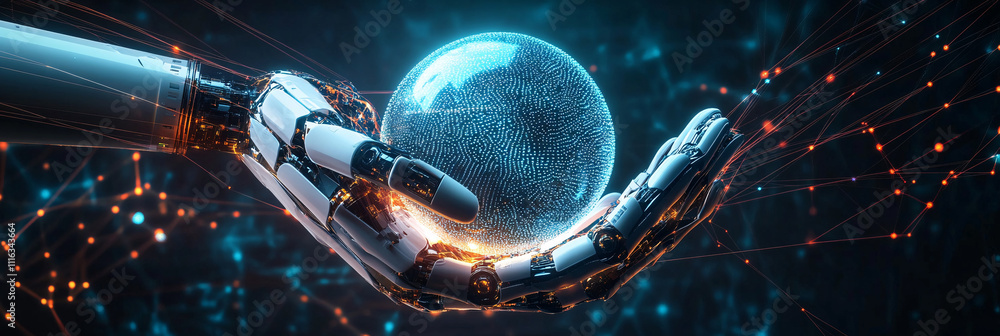 Poster a robotic hand icon holding a glowing globe, surrounded by data streams representing global networks