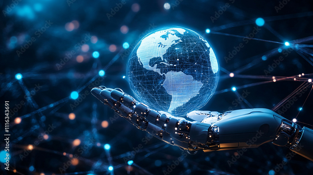 Poster a robotic hand icon holding a glowing globe, surrounded by data streams representing global networks