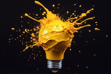 Vibrant Yellow Paint Exploding from Light Bulb Against Black Background, Symbolizing Creativity and Innovation in Art and Design for Stock Photography