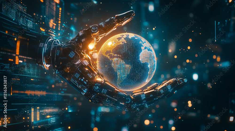 Poster a robotic hand icon holding a glowing globe, surrounded by data streams representing global networks