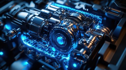Fototapeta premium Futuristic mechanical engine with glowing blue accents