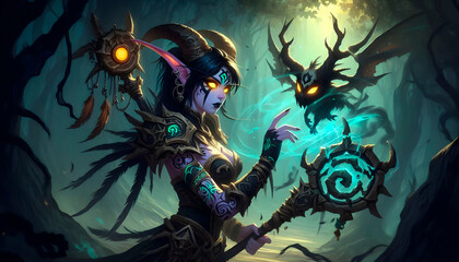 Fantasy elf wizard in the dark forest