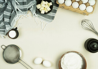 Baking ingredients and utensil flat lay