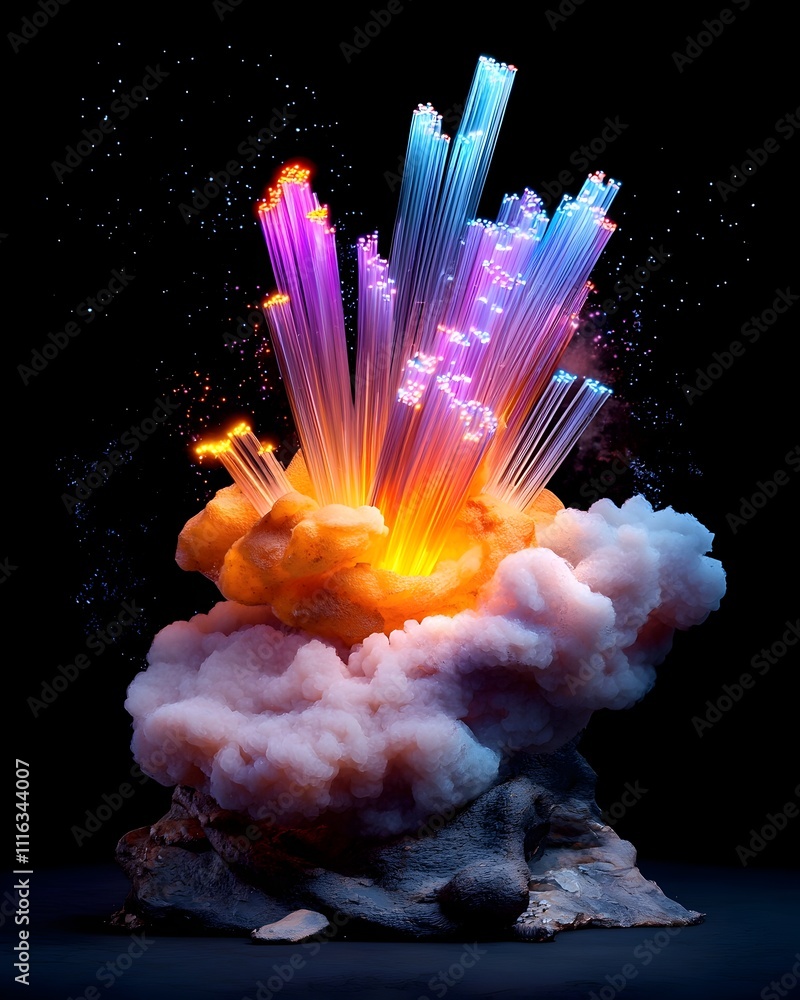 Poster striking array of luminous prismatic fiber optic cables forming a captivating fractal like digital e