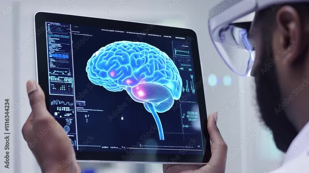 Poster visualization of brain activity displayed on augmented reality device in research lab setting