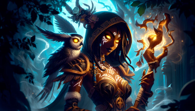 Fantasy dark summoner mage with owls in the forest