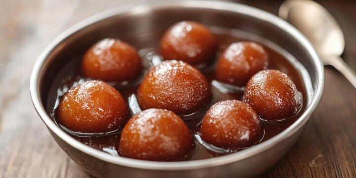 A metal dish filled with Indian sweets, possibly gulab jalab or similar fruit pudding, ready to be eaten. The syrup and texture hint at the sweetness of these candied fruits.