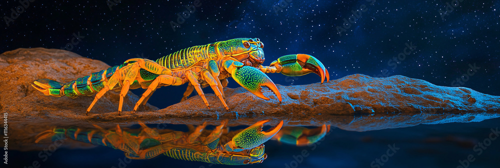 Poster a scorpion with bioluminescent aztec patterns in bright green and orange, crawling across a desert r