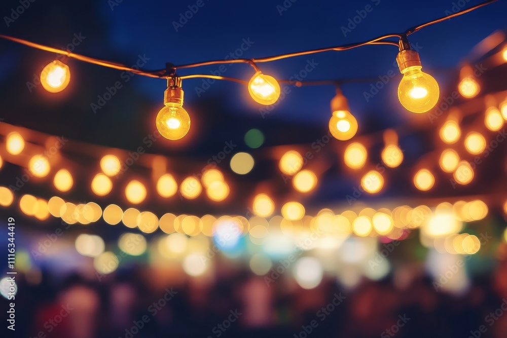 Aufkleber warm and inviting string lights at twilight over a festive gathering, creating a cozy atmosphere for