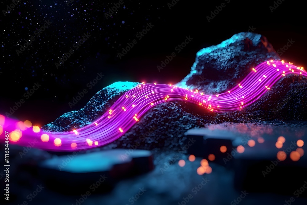 Poster intricate luminous fiber optic cables snaking across a dark void pulsing with mesmerizing energy in 