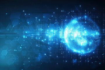 Obraz premium Glowing digital globe with data streams and hexagons.