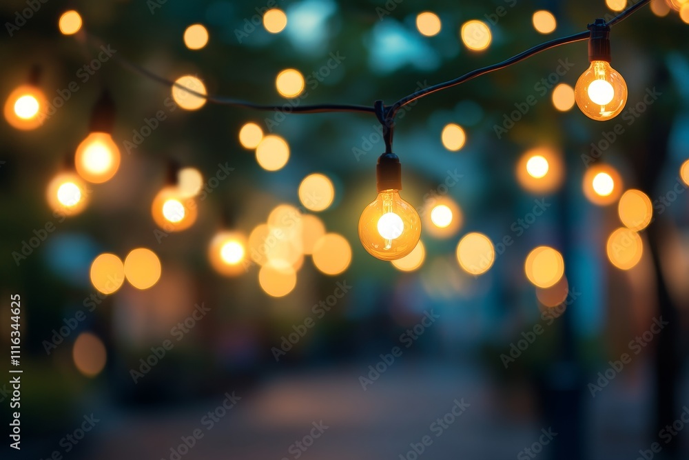 Aufkleber warm glowing string lights creating a magical ambiance in an outdoor setting with soft bokeh effect 