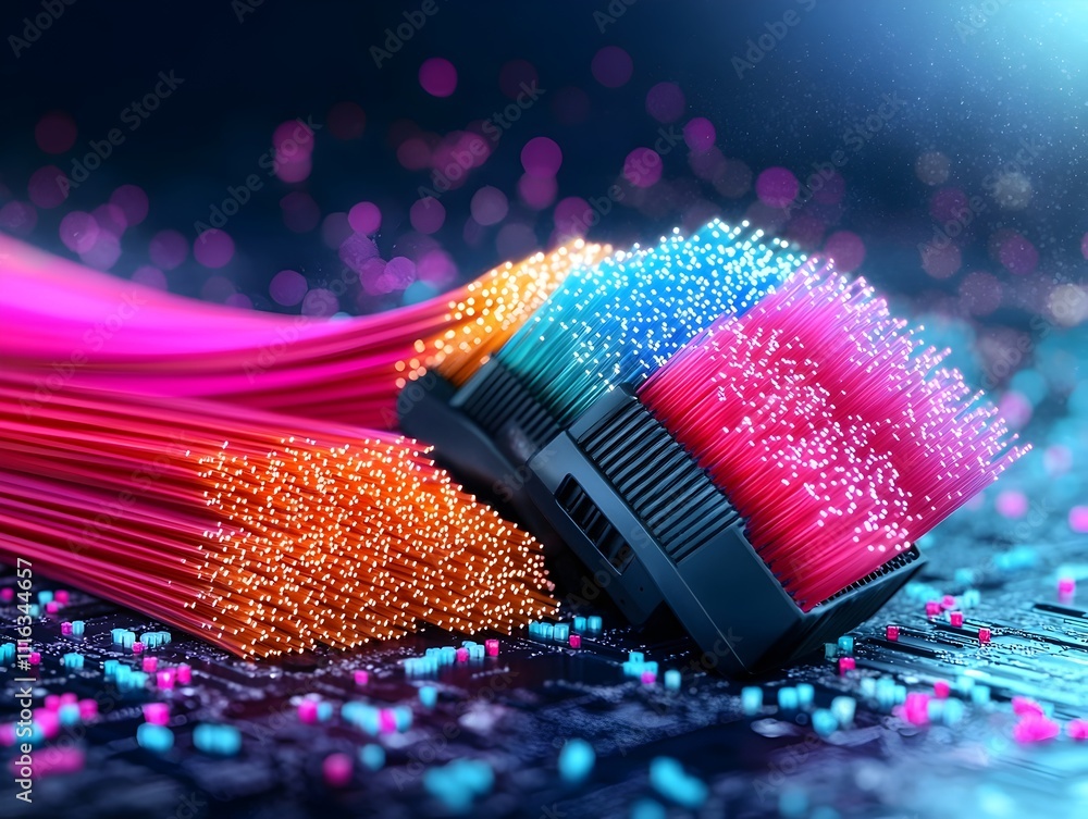 Poster mesmerizing array of fiber optic cables their vibrant colors pulsing and weaving together in a hypno