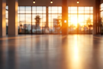 Fototapeta premium Warm Sunset Light Illuminating a Modern Indoor Space with Floor Reflections and Large Windows, Creating a Peaceful and Inviting Atmosphere