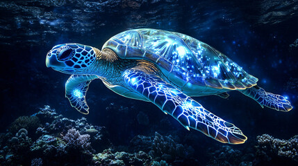 Obraz premium A sea turtle adorned with luminous Polynesian tattoos in aqua and coral, swimming gracefully through a coral reef, its light casting reflections on the seafloor. 
