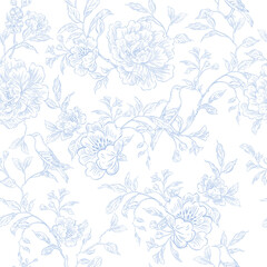 Obraz premium Graphic seamless pattern with flowers and birds. Illustration