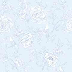 Graphic seamless pattern with flowers and birds. Illustration