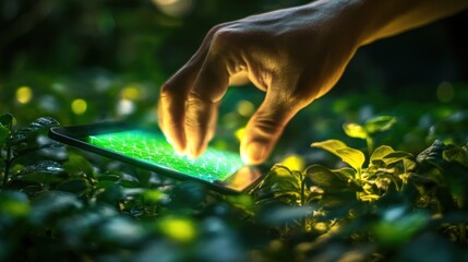Hand interacting with a glowing smartphone among plants