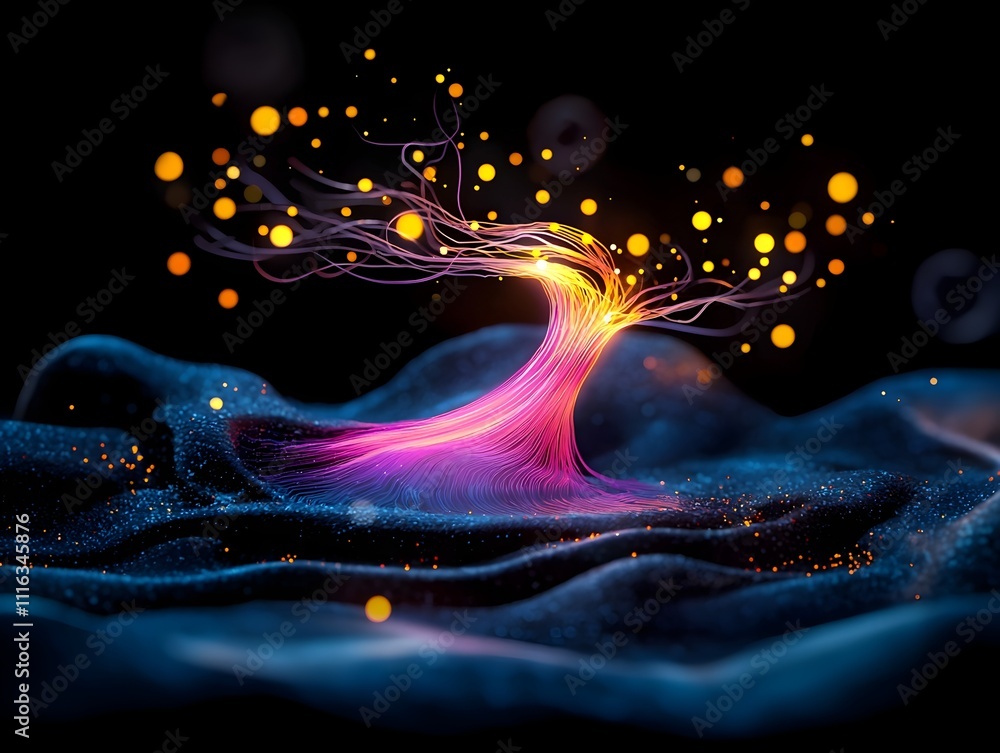 Poster fiber optic filaments illuminating a dark expanse casting an ethereal radiance across a shadowy plan