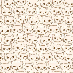 Seamless Pattern with Cartoon Cat Face Doodle Design on Beige Color Background. Hand Drawn Vector Illustration.
