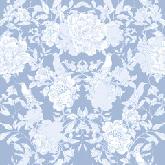 Graphic seamless pattern with flowers and birds. Illustration