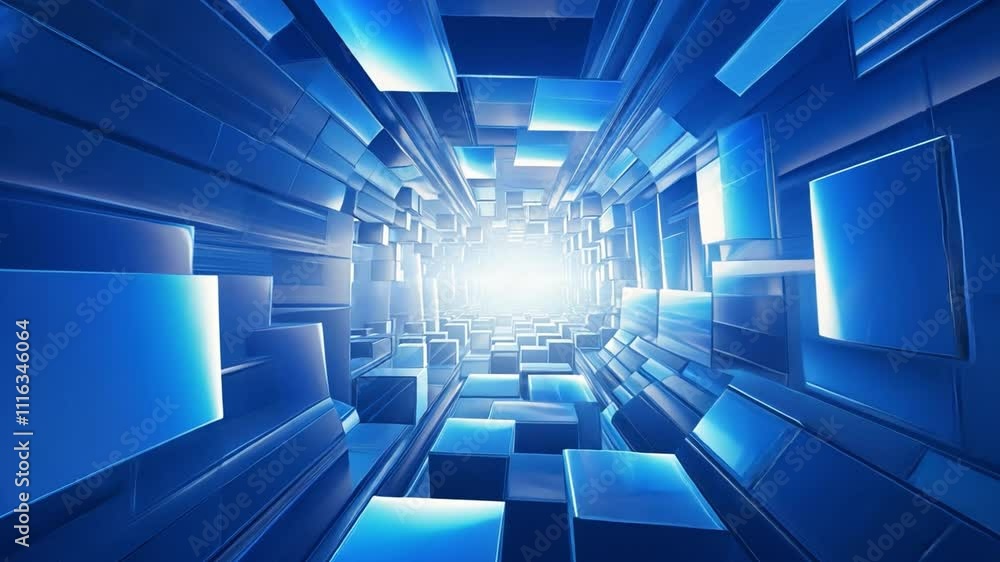 Poster abstract blue tunnel: a mesmerizing digital art piece featuring a tunnel of glowing blue squares, cr