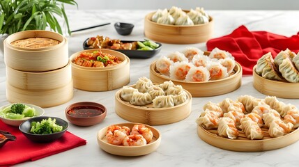Fototapeta premium Delicious Assorted Dumplings with Dipping Sauces and Steamed Buns