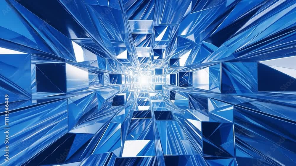 Poster blue crystal tunnel: abstract digital art of a mesmerizing tunnel composed of gleaming blue crystals