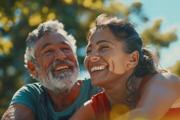 Fototapeta premium A person and an older man laughing together. They are outdoors, smiling broadly, suggesting a strong bond of friendship or close family relationship.