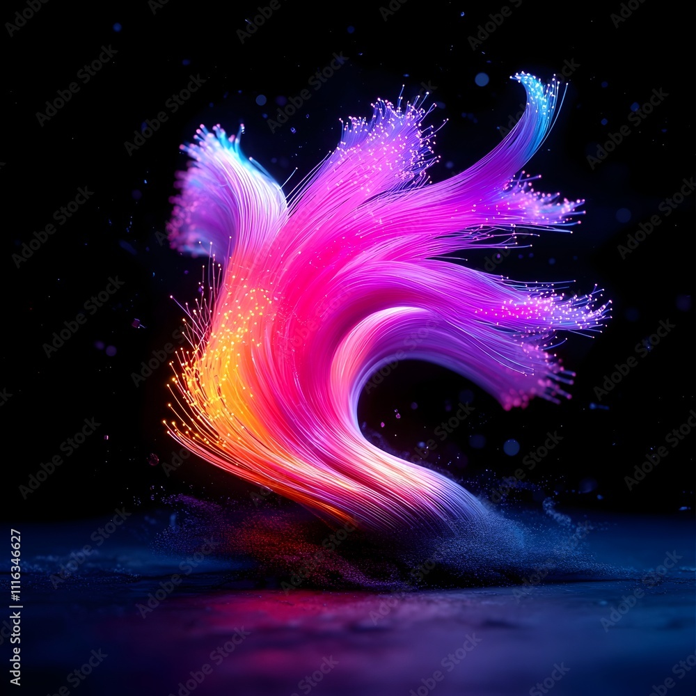 Poster ethereal luminous fiber optic strands in a mesmerizing array of hues against a pitch black backdrop 