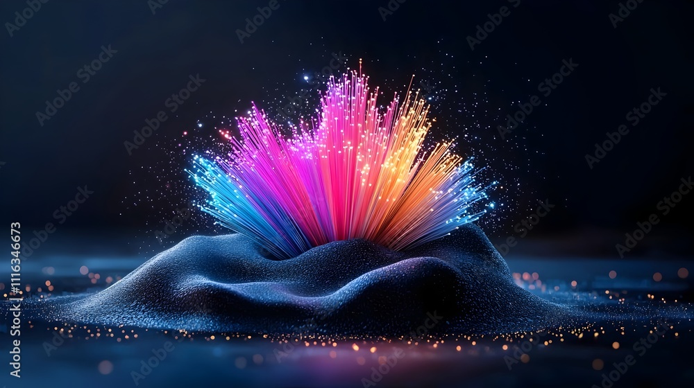 Poster dazzling multicolored fiber optic strands in a mesmerizing display on a dark mysterious surface show