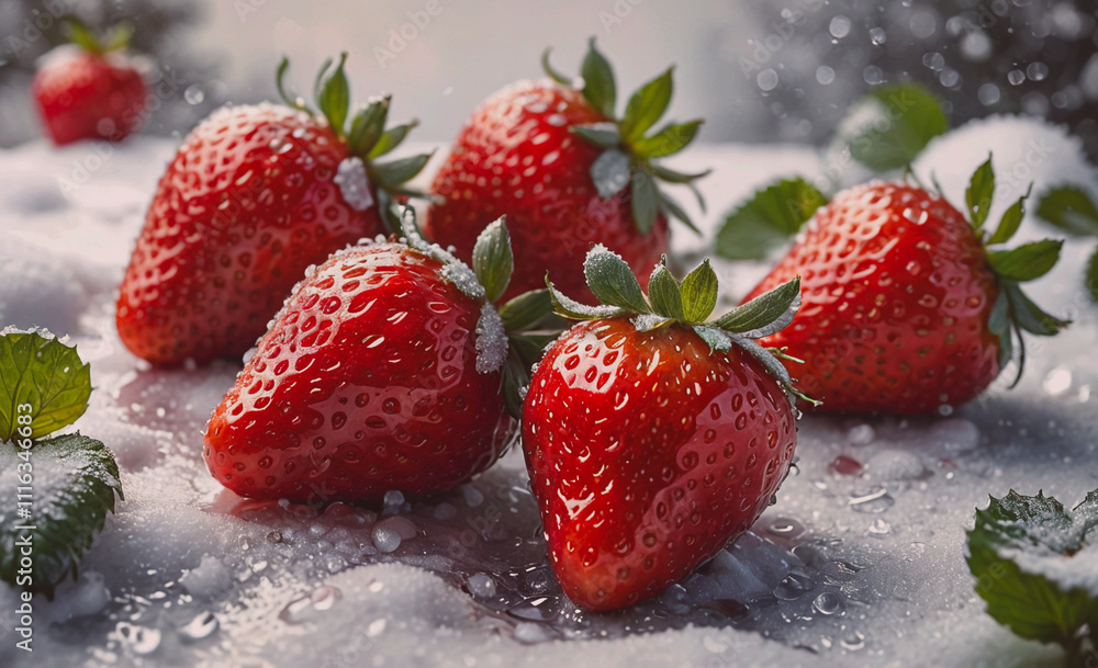 Poster four red strawberries on a snowy surface. the snow is white and the strawberries are red. the snow i