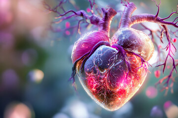 Happy Valentines Day greeting card with 3D Anatomical human heart. Celebration valentine symbol from February 14 with realistic shape medical heart 