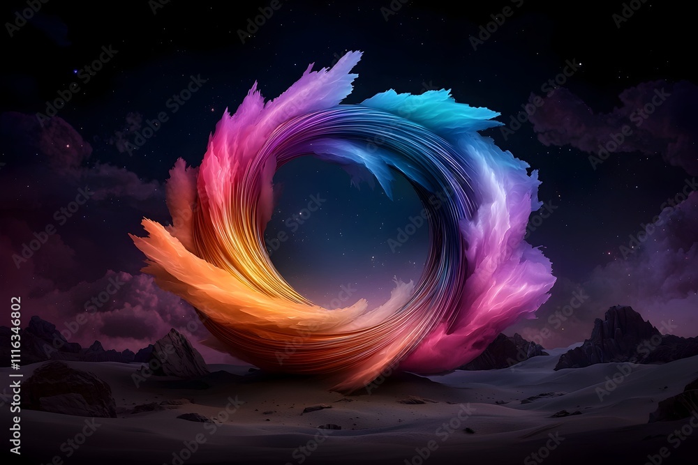Poster detailed view of luminous rainbow hued fiber optic strands coiling and converging in a captivating a