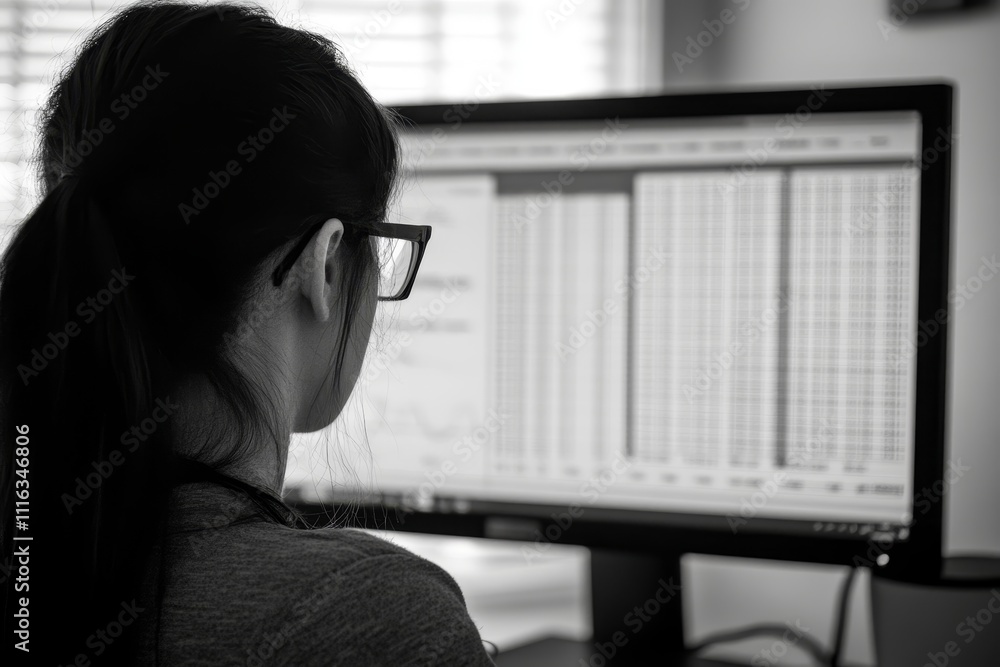 Poster young female analyst working at desk with computer, focusing on data analysis and financial charts i