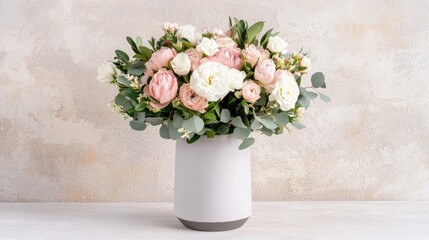 A beautiful floral arrangement featuring pink and white flowers in a minimalist vase, set against a neutral background.