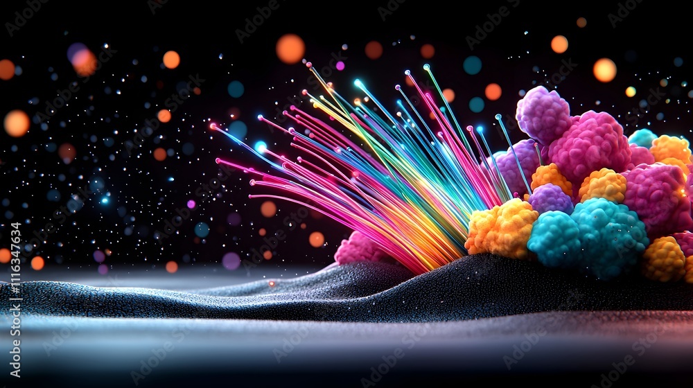 Poster vibrant pulsing fiber optic strands in a mesmerizing array of hues against a mysterious dark surface