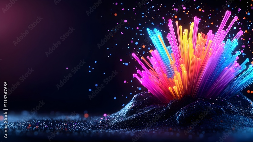 Poster vibrant pulsing fiber optic strands in a mesmerizing array of hues against a mysterious dark surface