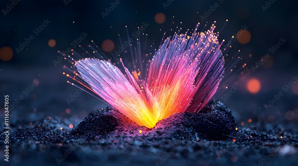 Poster dramatic close up of illuminated iridescent fiber optic strands on a mysterious dark background glow
