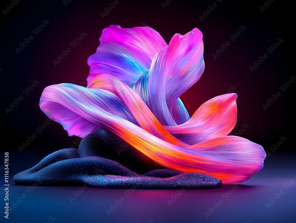 Poster mesmerizing display of illuminated prismatic fiber optic strands undulating and intertwining in a ca
