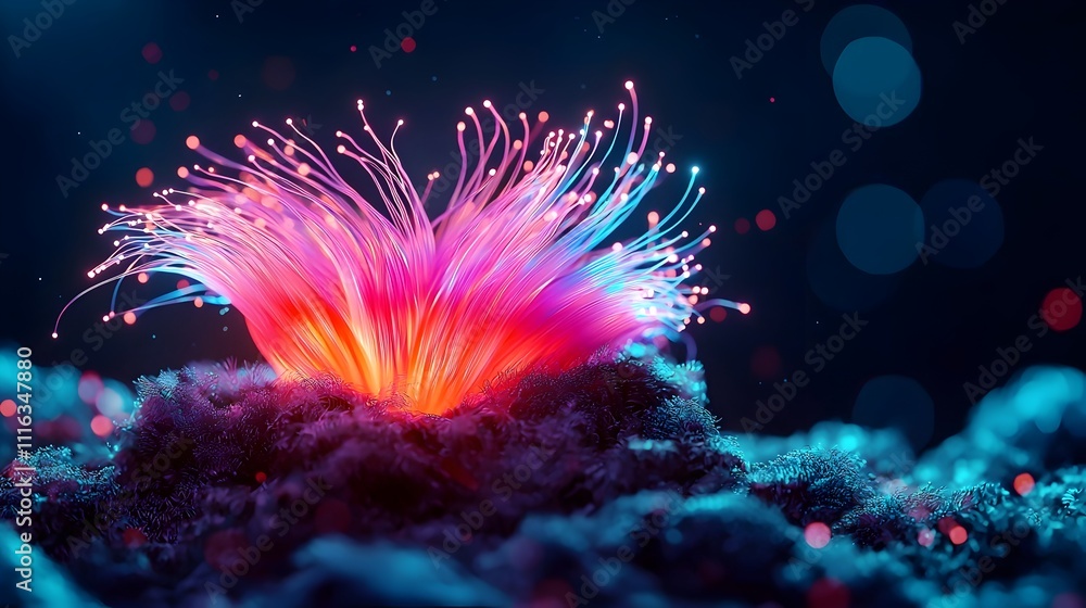 Poster dramatic close up of illuminated iridescent fiber optic strands in a captivating display glowing and
