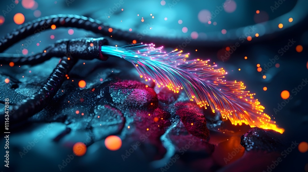 Poster dramatic close up of illuminated iridescent fiber optic strands on a mysterious dark background glow