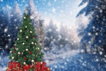 Beautiful decorated christmas tree in winter landscape